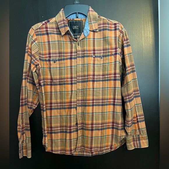 Obey Propaganda Men's Orange Plaid Button Down Shirt Size Small - Picture 1 of 6